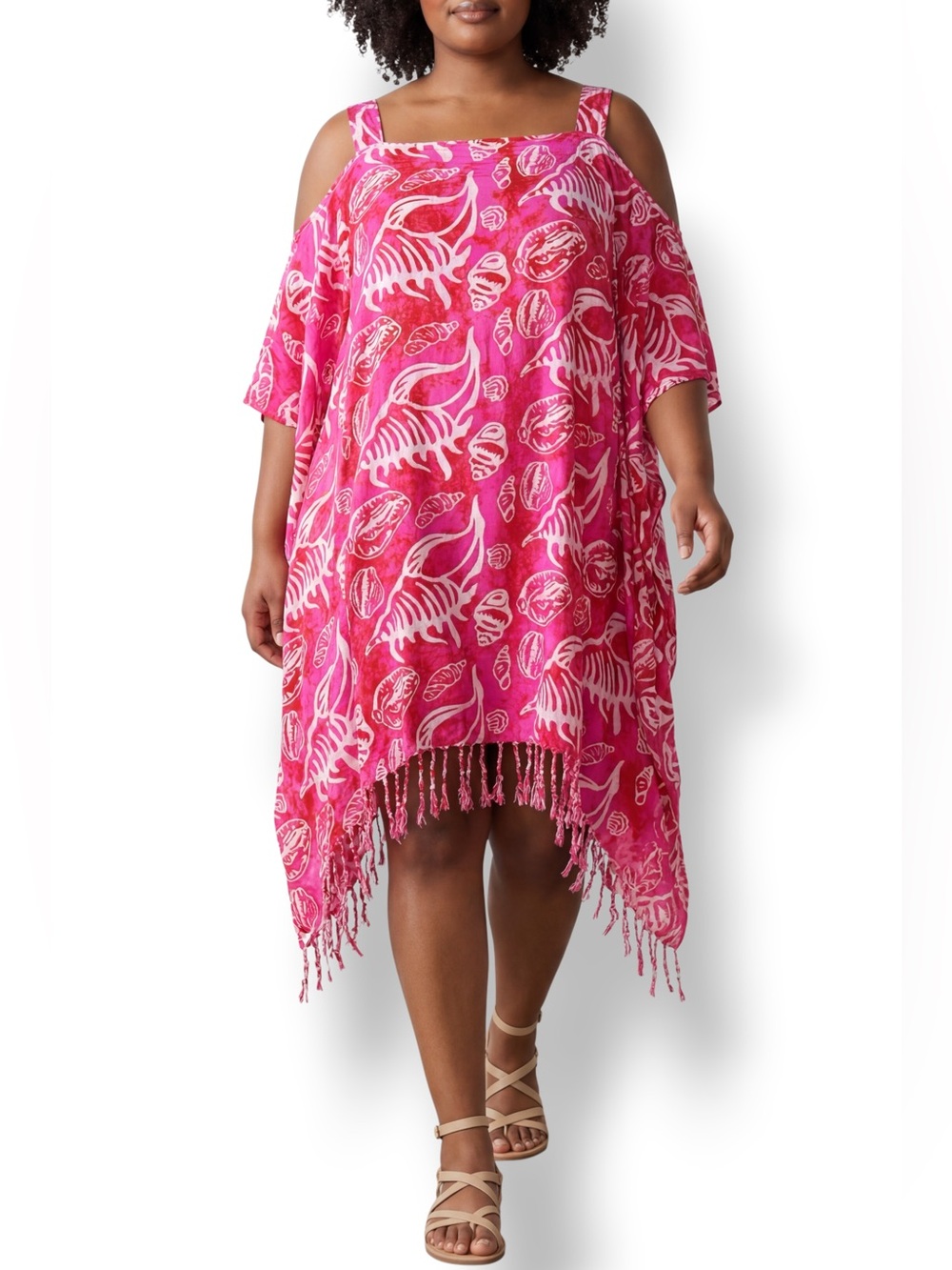 4/$20 Mango Tree Hawaii Pink Tropical Print Fringe Beach Cover Up One Size